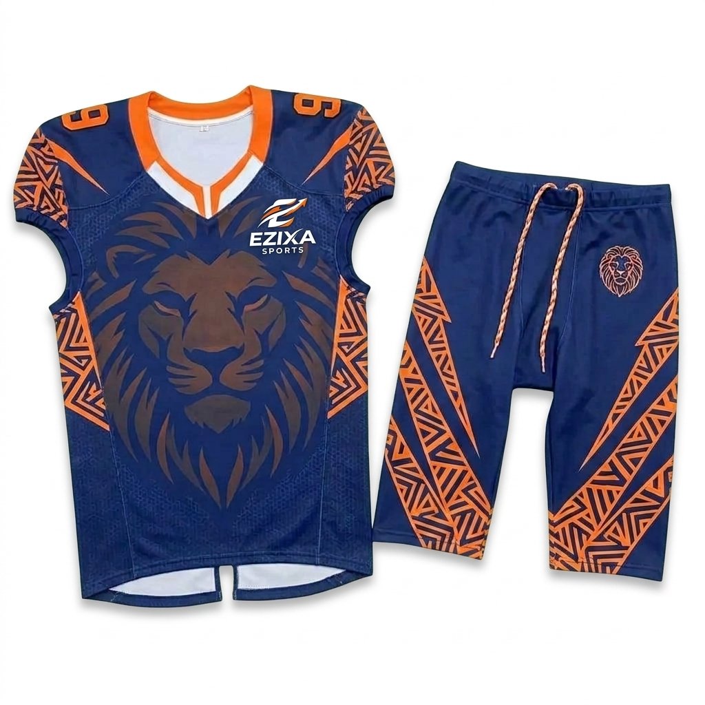 avy blue and orange American football uniform with lion graphic and matching pants