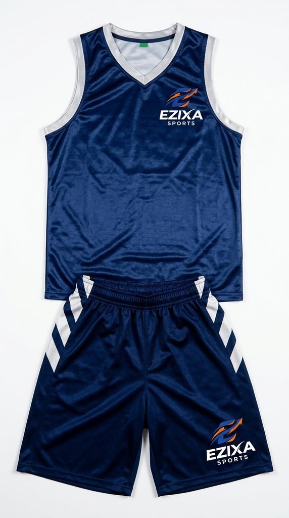 Flat lay front view of navy blue EZIXA Sports sleeveless basketball jersey and matching shorts with side stripes.