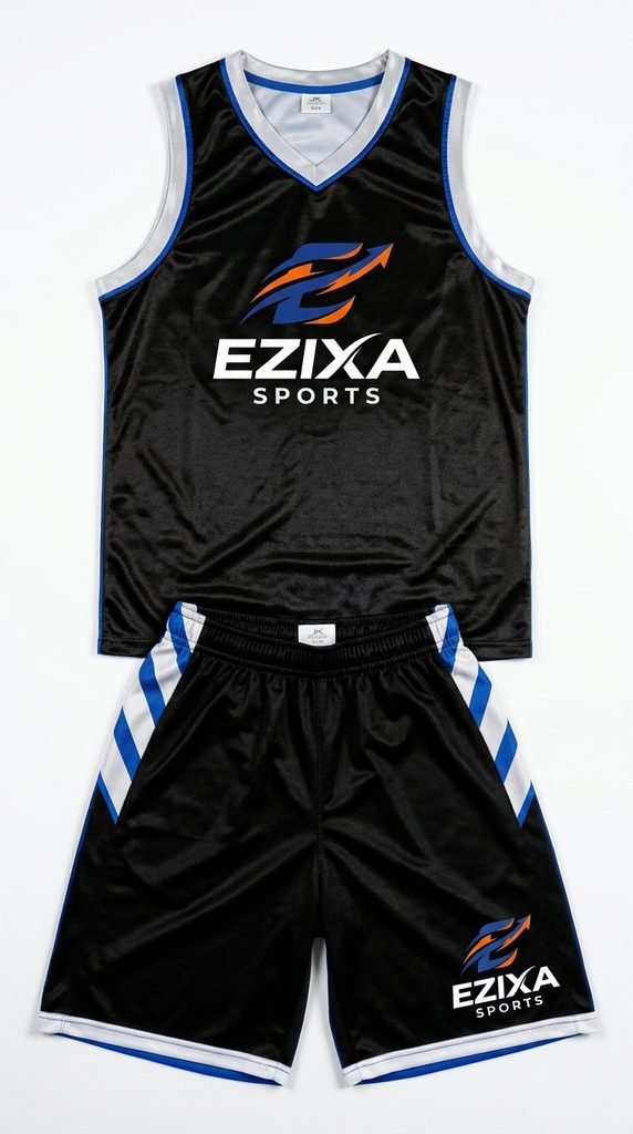 Front view flat lay of black EZIXA Sports basketball jersey with white and blue accents and matching striped shorts.