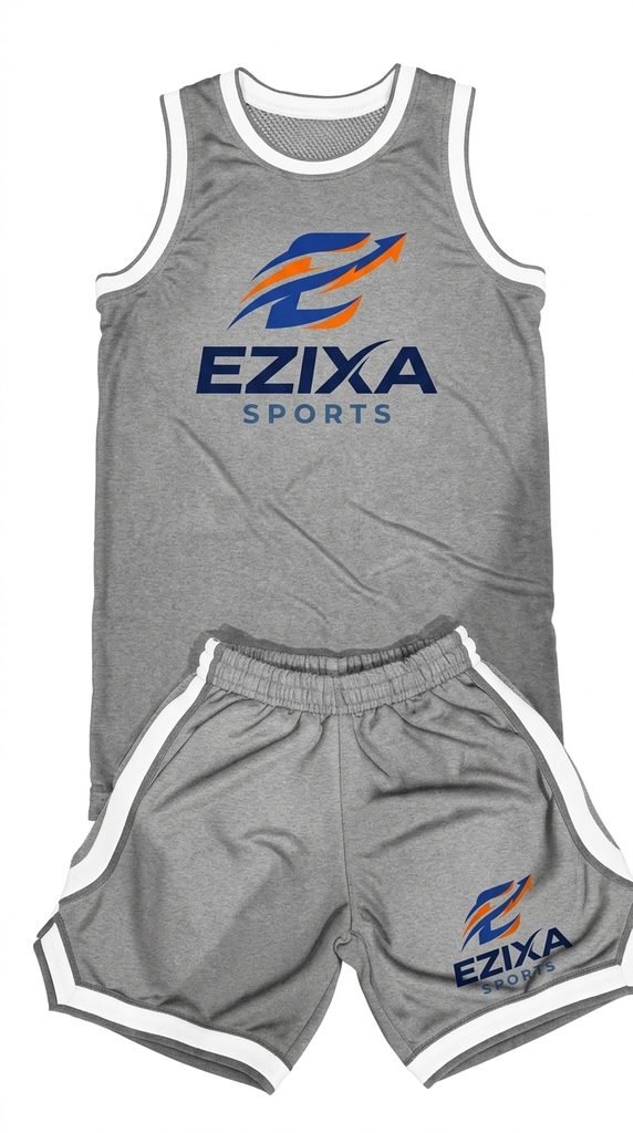 Front flat lay view of heather grey EZIXA Sports basketball jersey and curved-hem athletic shorts with white trim.