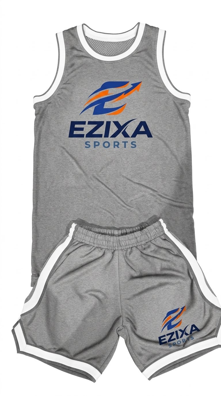 EZIXA black athletic basketball uniform set with royal blue and white side accents