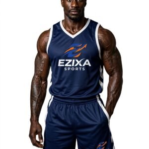 Athletic male basketball player wearing EZIXA navy blue uniform tank and shorts