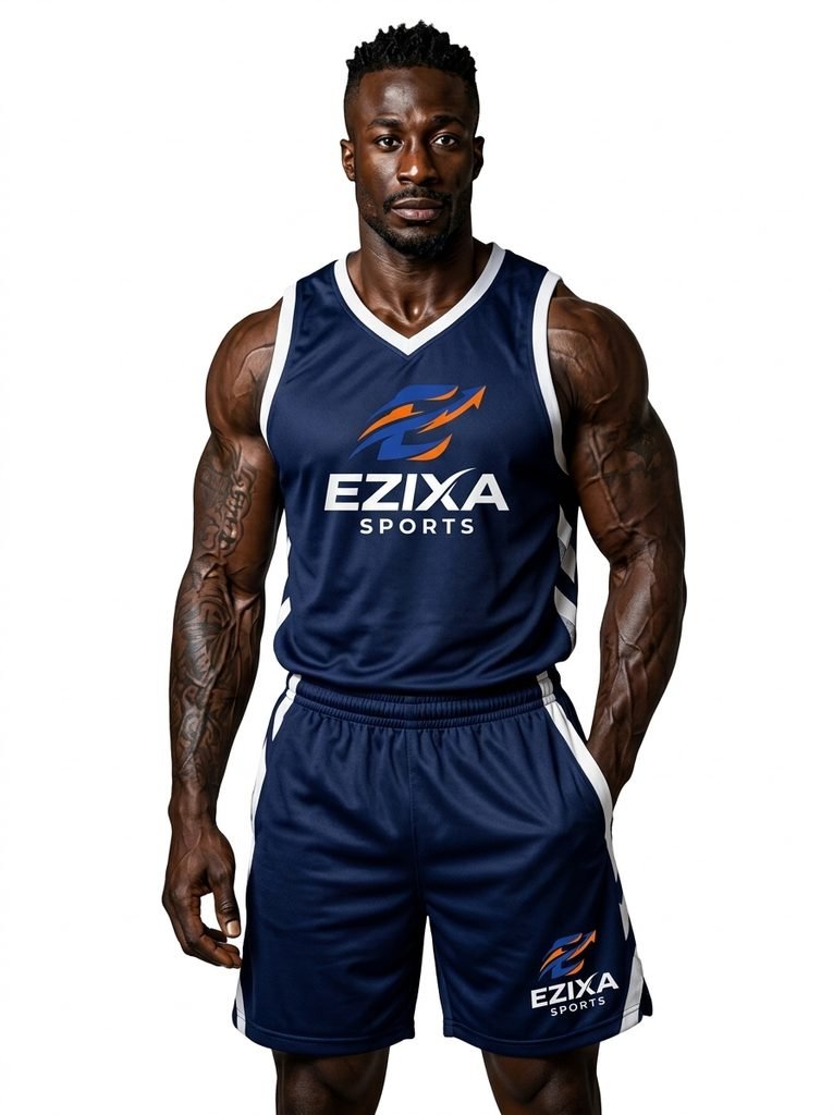 Front view of a male athlete wearing the navy blue EZIXA Sports basketball jersey and matching athletic shorts.
