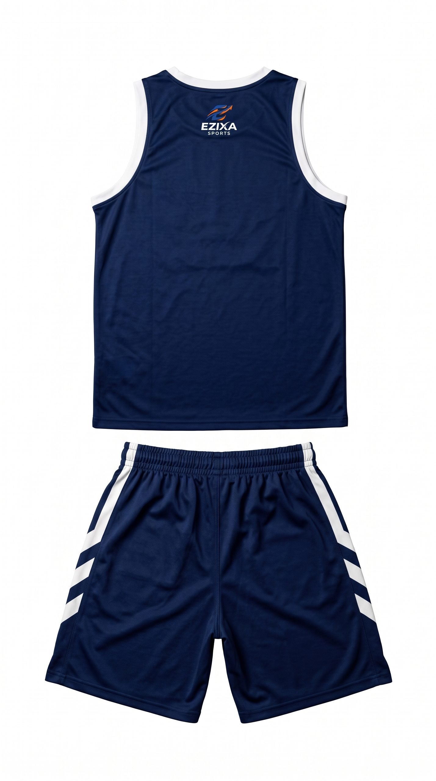 Rear flat lay view of EZIXA navy blue basketball jersey and chevron-striped shorts