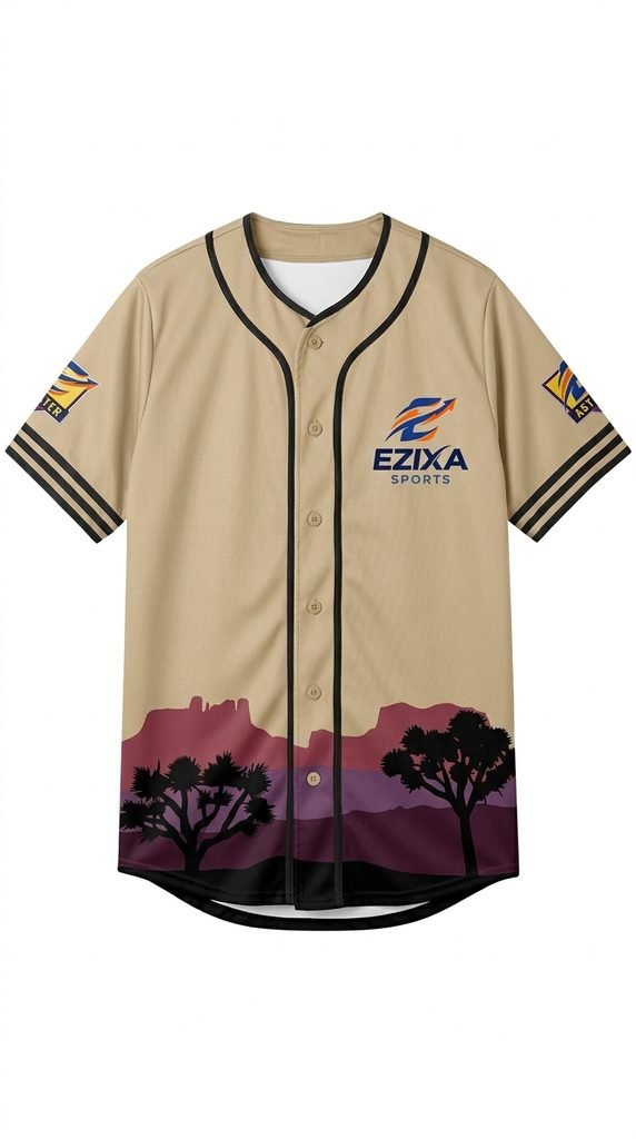 Khaki baseball jersey with sublimated desert landscape, Joshua trees, and mountain silhouettes across the bottom hem.
