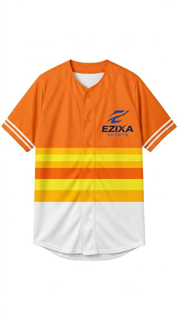Bright orange, gold, yellow, and white horizontal striped full-button baseball jersey with double sleeve stripes.