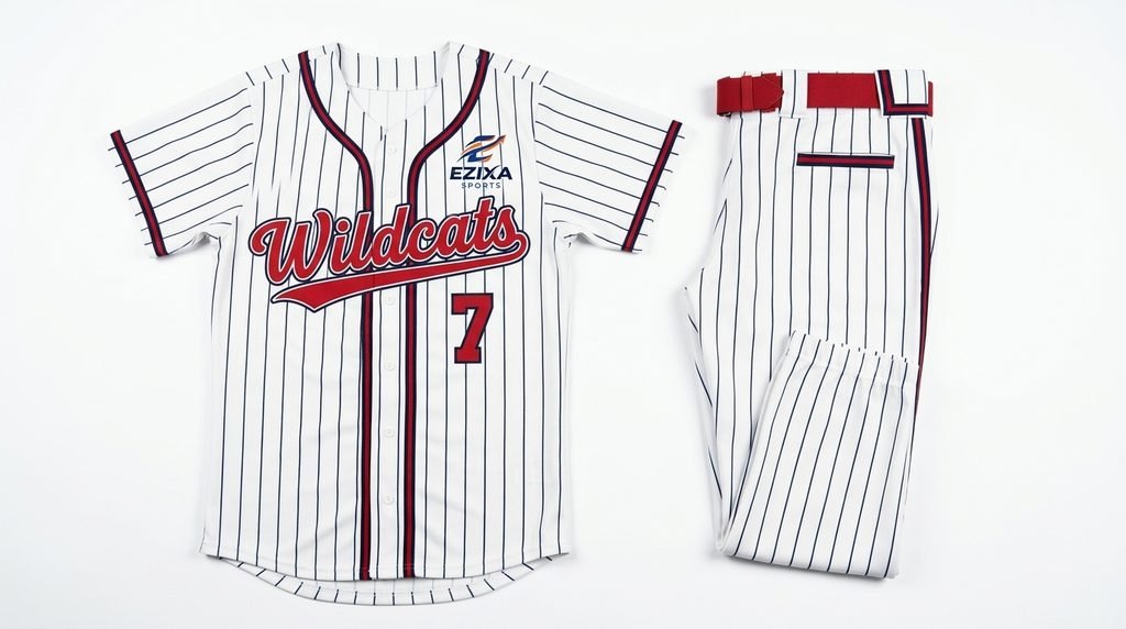 White baseball jersey with navy pinstripes, red Wildcats script lettering, player number 7, and matching pinstripe pants.