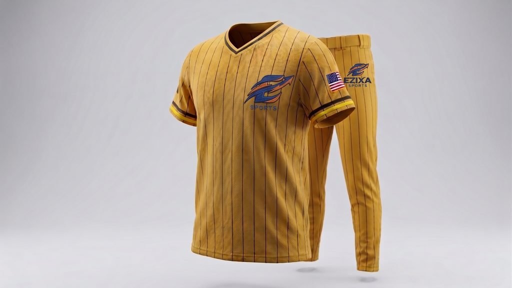 Golden yellow pinstripe V-neck baseball jersey paired with matching baseball pants featuring an American flag sleeve patch.