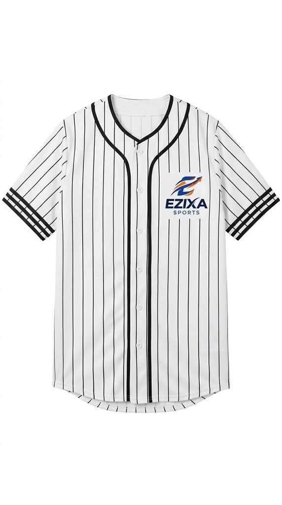 Front view of a white full-button baseball jersey with vertical black pinstripes, black piping, and Ezixa chest logo.