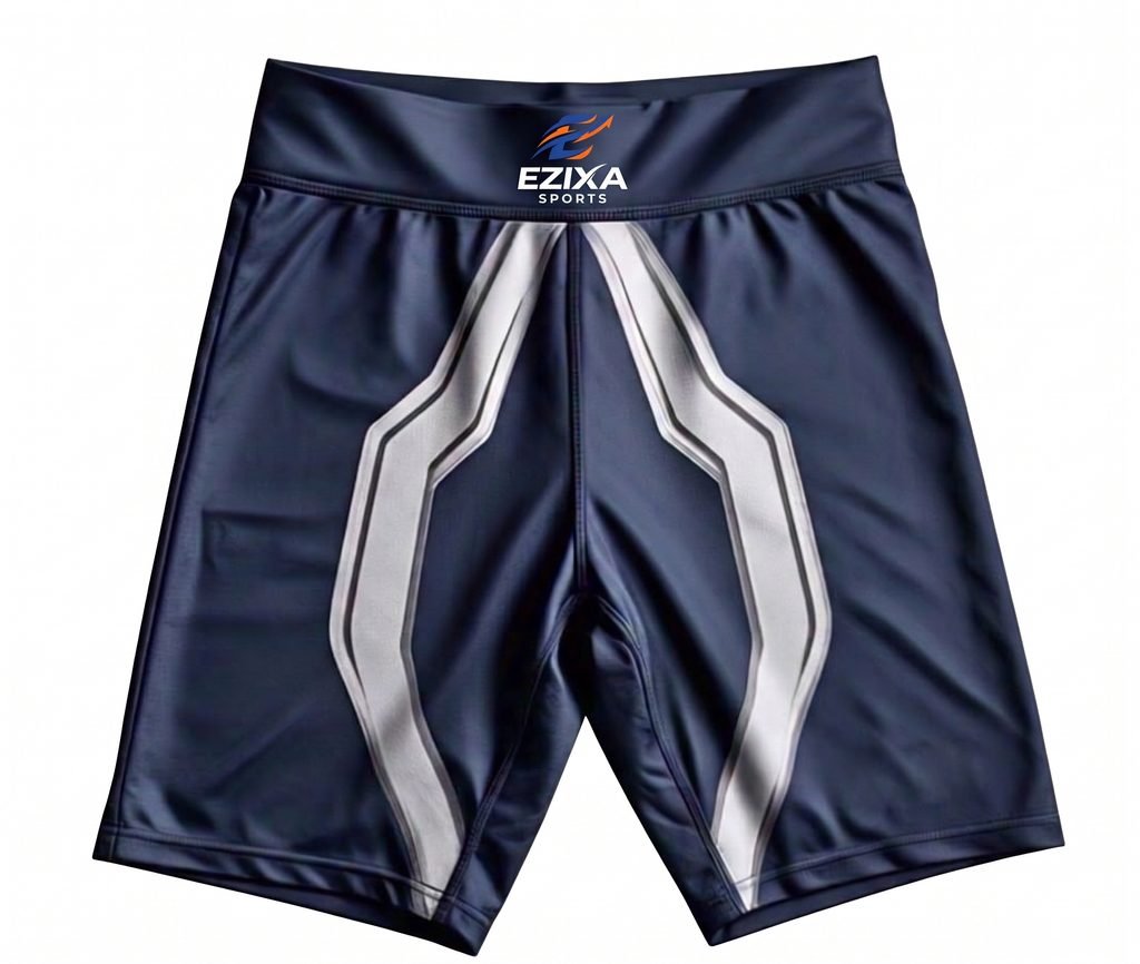 Front view flat lay of navy blue EZIXA Sports compression shorts with white angular leg accents.