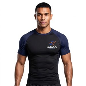 Athletic male model wearing EZIXA two-tone black and navy short sleeve compression rash guard front view
