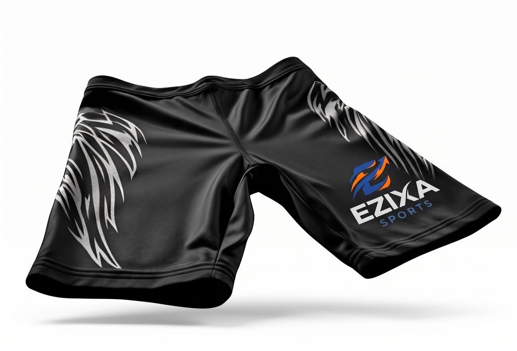 Angled 3D render view of black EZIXA Sports compression fight shorts featuring stylized white feather wing graphics.