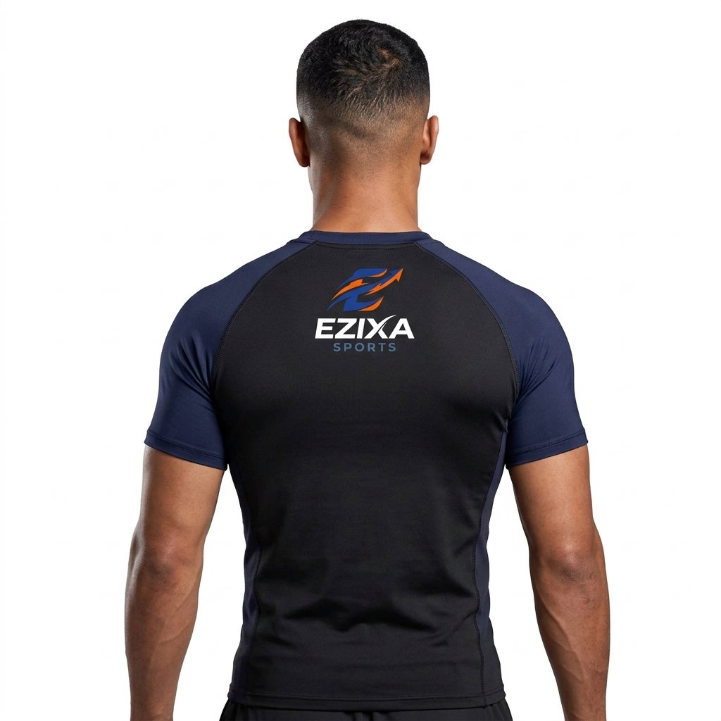 Rear view of athletic male model wearing black and navy EZIXA Sports short sleeve compression rash guard.