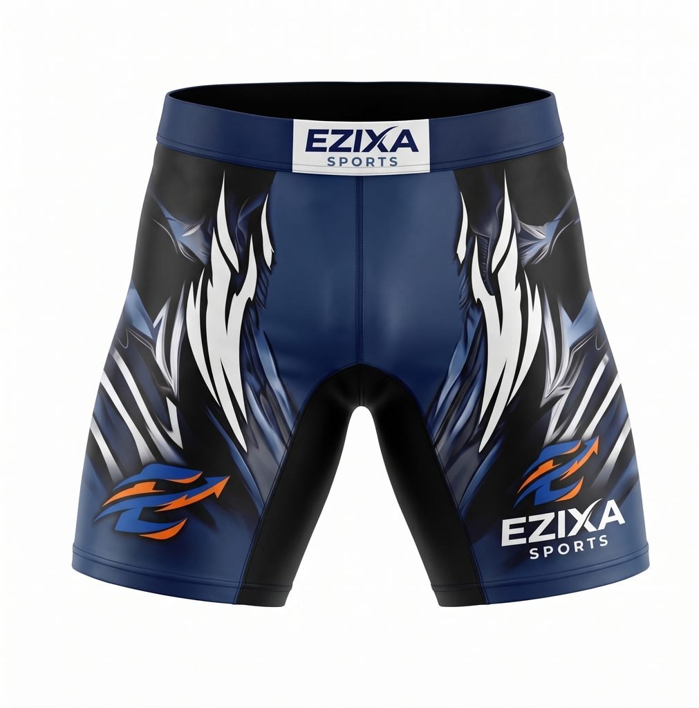 Front view of navy and black EZIXA Sports compression shorts with sharp white and grey abstract graphics.