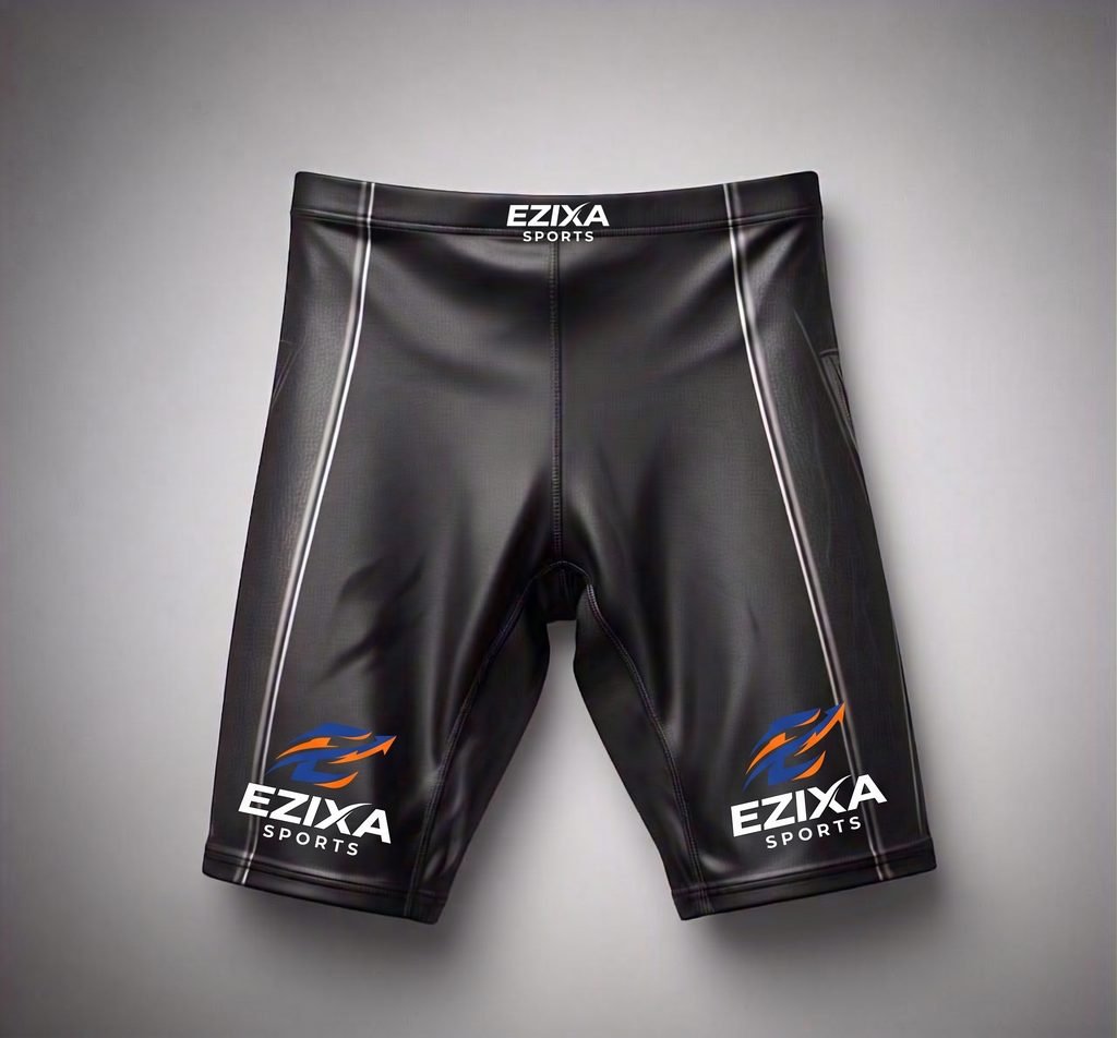 Overhead flat lay of sleek black EZIXA Sports compression shorts with vertical white accent pinstripes.