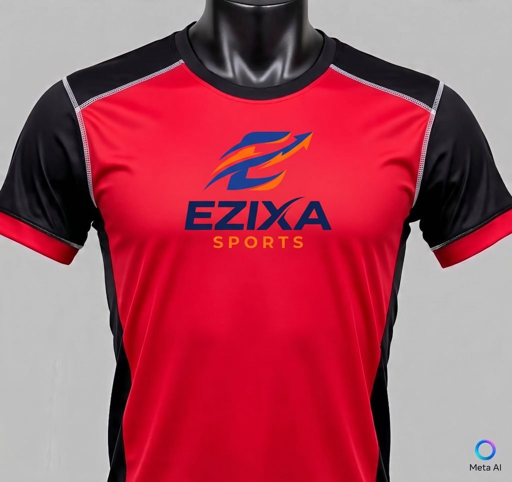 Front view of red and black short sleeve EZIXA Sports training t-shirt displayed on a black mannequin.