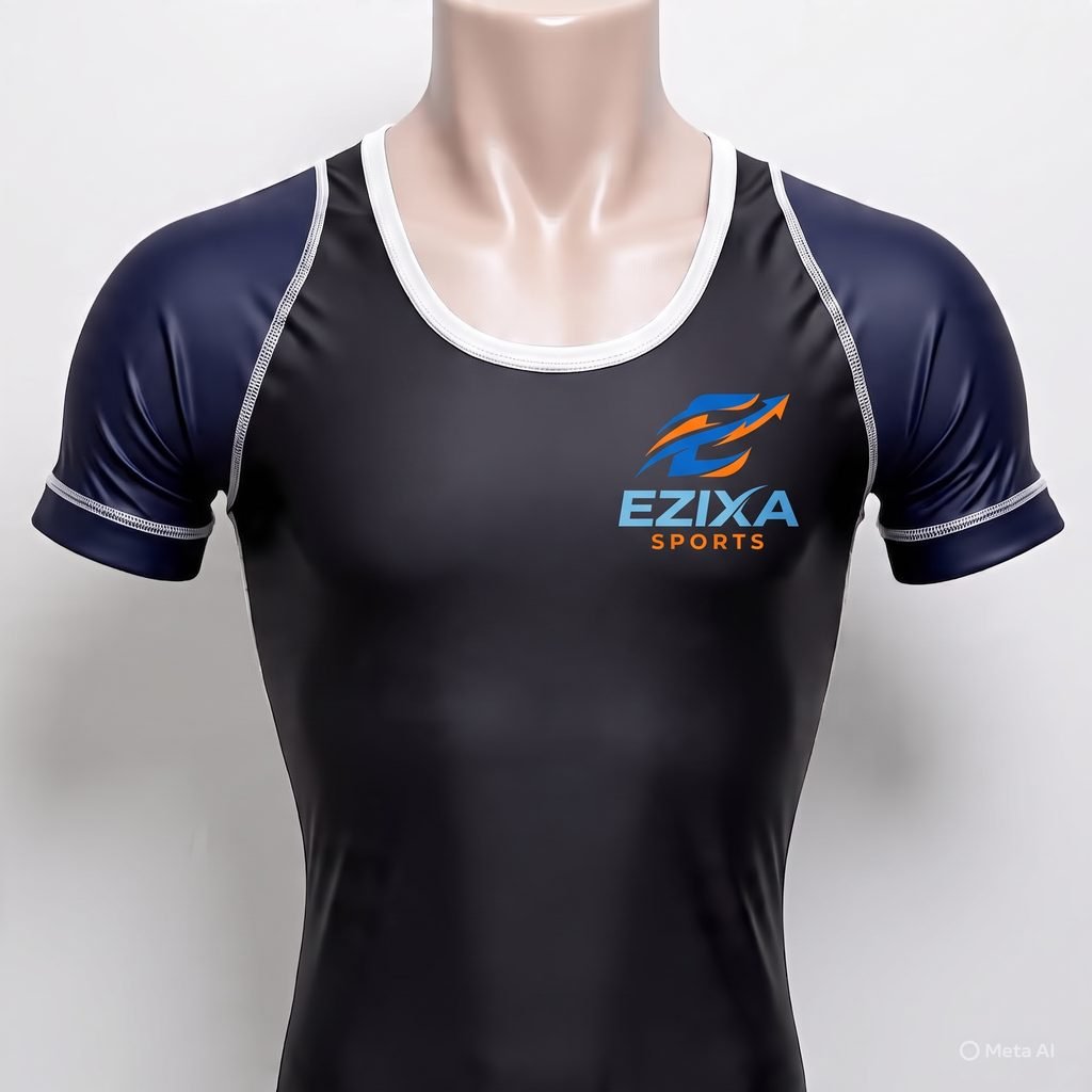 Front view of form-fitting black compression shirt with navy sleeves and white collar trim on mannequin.