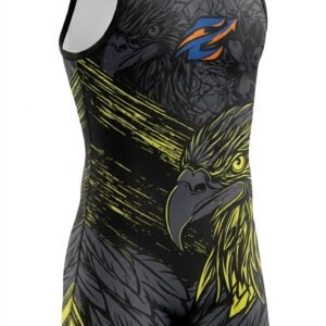 EZIXA performance wrestling singlet featuring a sublimated fierce eagle graphic in black, grey, and vibrant lime green accents