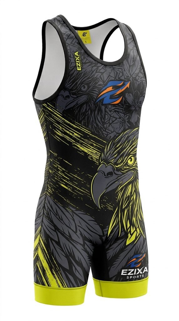 Dark grey and black wrestling singlet featuring a detailed eagle face graphic with neon electric-lime accents and trim.