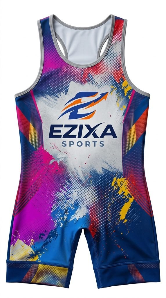 Colorful wrestling singlet with pink, cyan, yellow, and navy paint splatter over a white center chest.