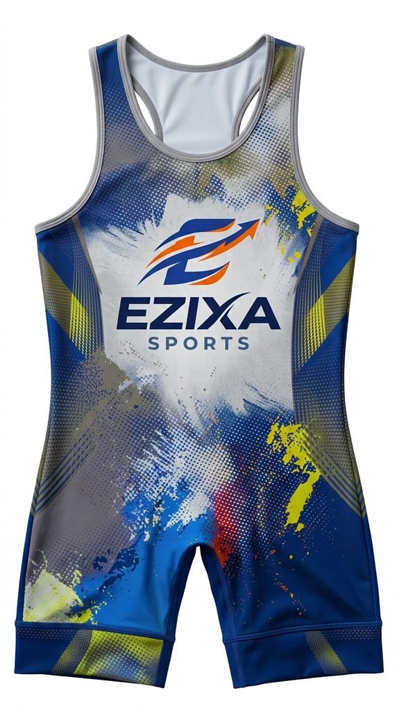 Sublimated wrestling singlet in blue, grey, and yellow textured grunge artwork with Ezixa Sports logo.
