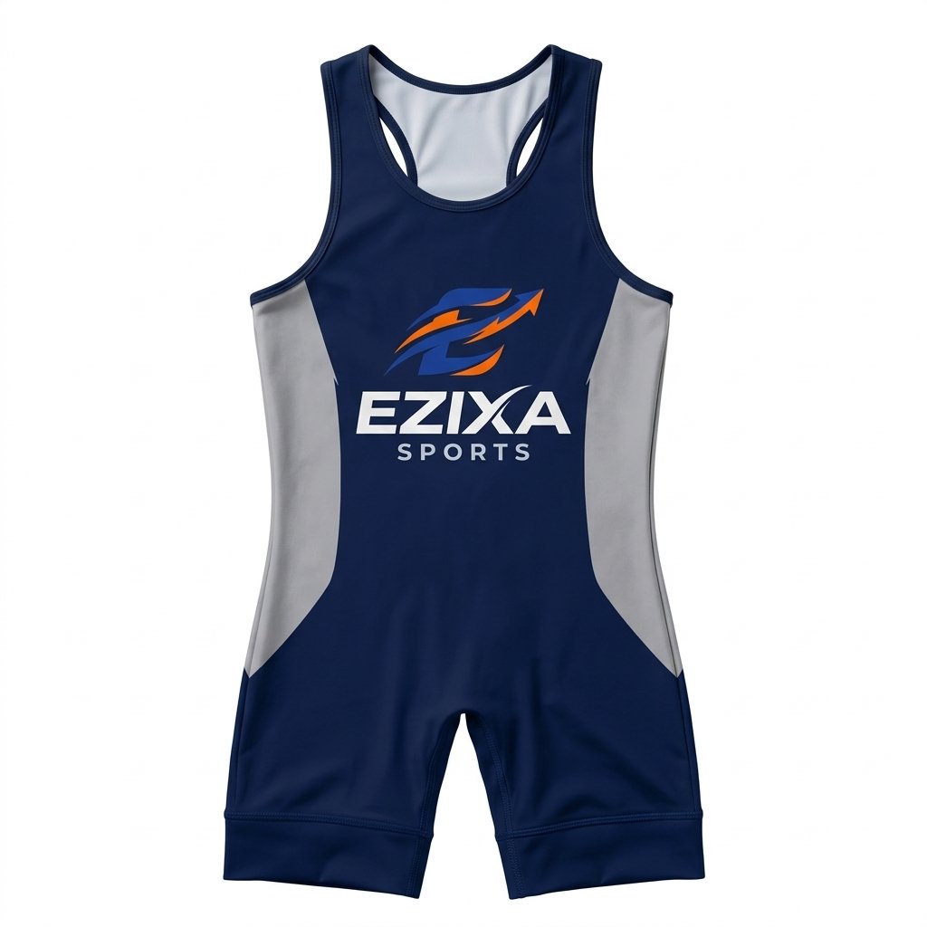 Navy blue wrestling singlet with sleek grey side contour panels and central Ezixa Sports chest logo.