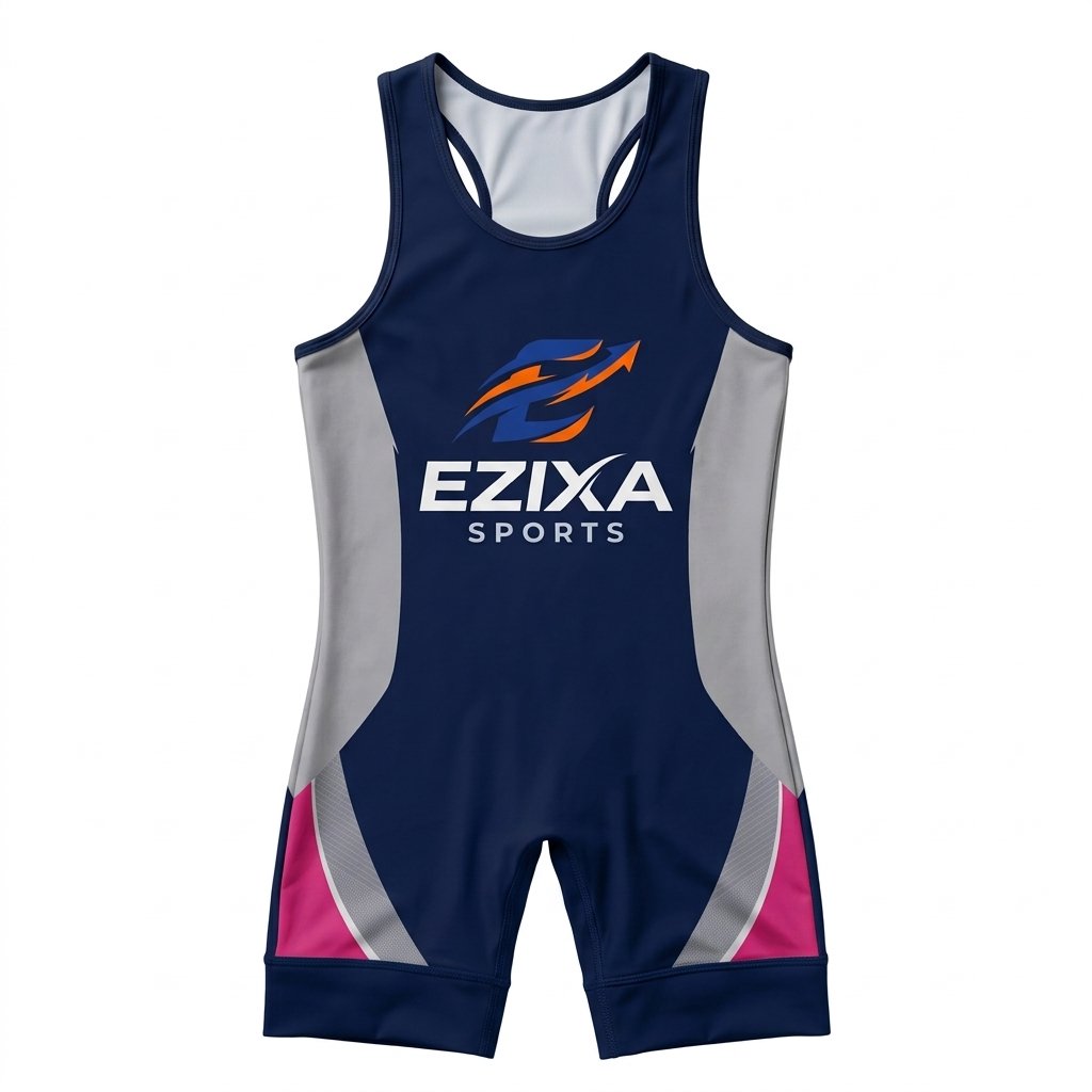 Navy blue wrestling singlet featuring grey side panels and hot pink thigh trim accents.