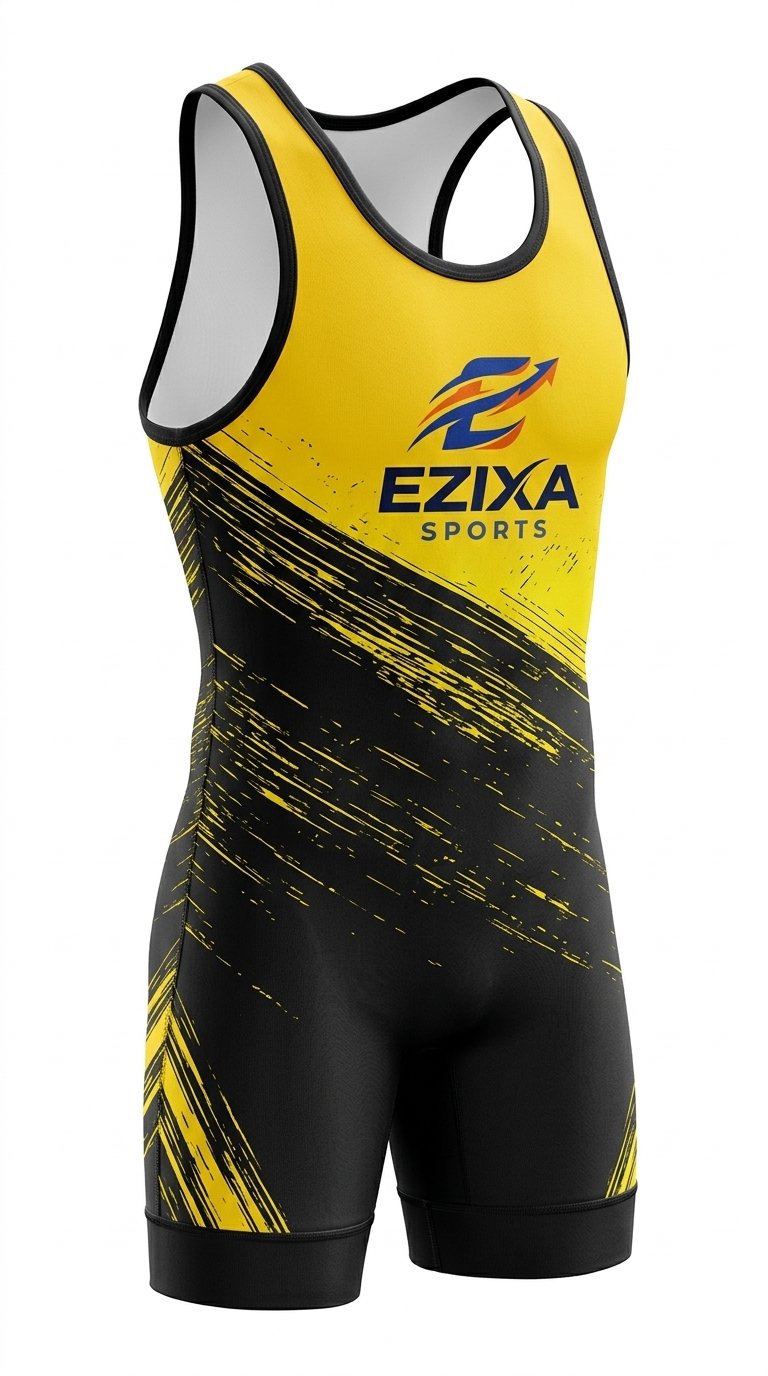 EZIXA yellow and black high-contrast slash grunge wrestling suit side angle