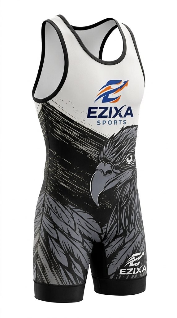 White, black, and grey wrestling singlet featuring a large sublimated predatory eagle graphic.