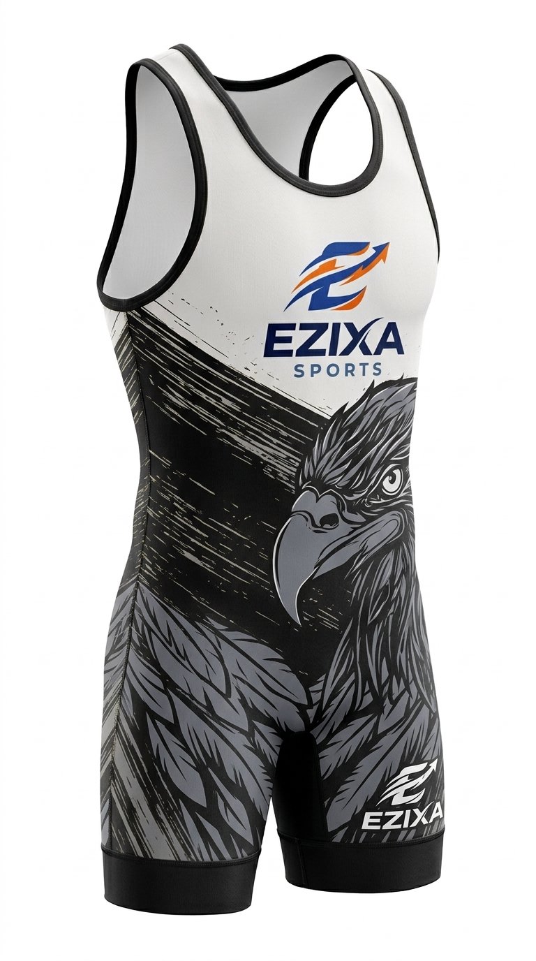 EZIXA monochrome white and black eagle head sublimated wrestling singlet side view