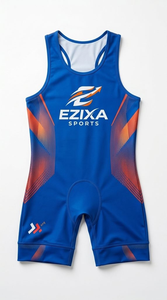 Front view of royal blue wrestling singlet featuring orange speedline side gradient graphics and Ezixa branding.