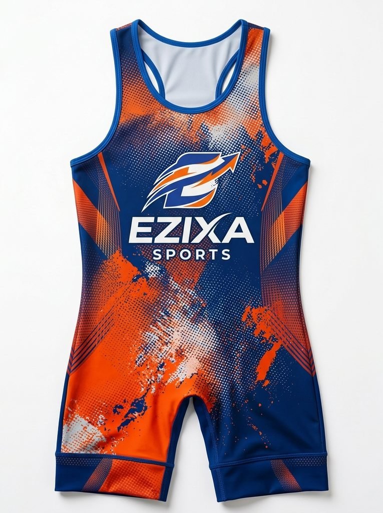 Royal blue and bright orange sublimated wrestling singlet with distressed paint splatter and halftone dot print.