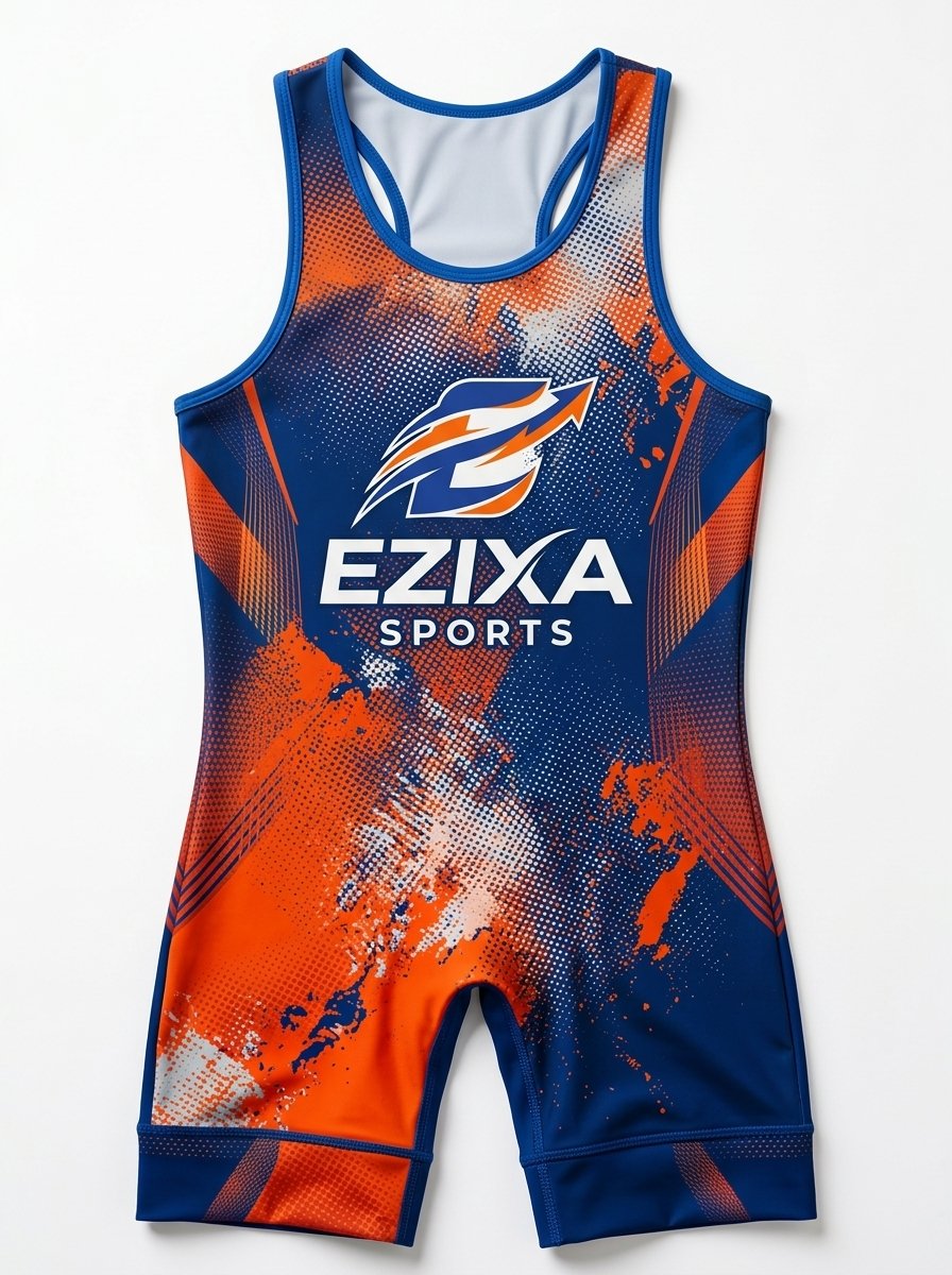 EZIXA navy blue and bright orange grunge splatter print wrestling singlet front view