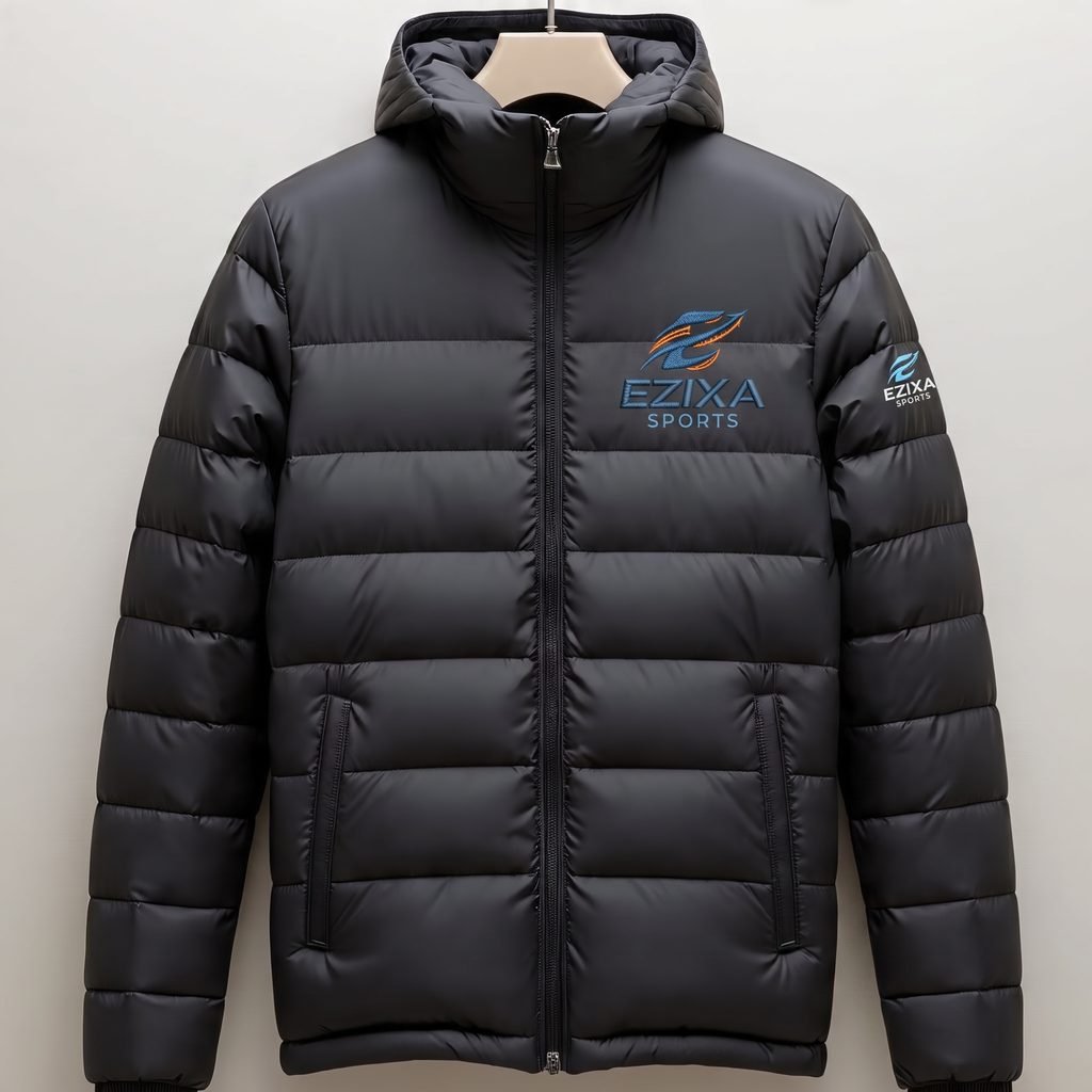 Front view of matte black EZIXA Sports hooded insulated puffer jacket on a hanger.