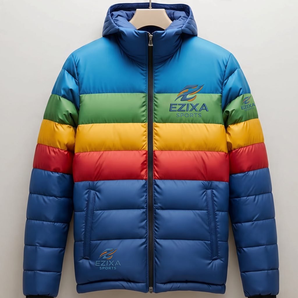 Front view of multi-color striped blue, green, yellow, and red EZIXA Sports hooded puffer jacket.