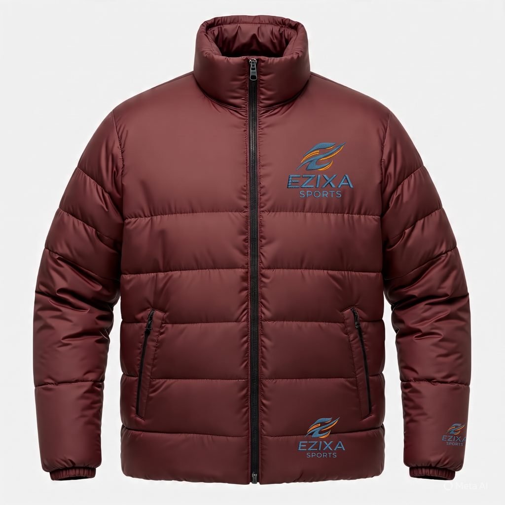 Front view of deep maroon burgundy EZIXA Sports quilted puffer jacket with stand collar.