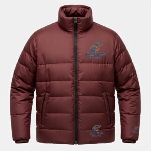 EZIXA deep maroon burgundy athletic insulated puffer jacket with high neck collar