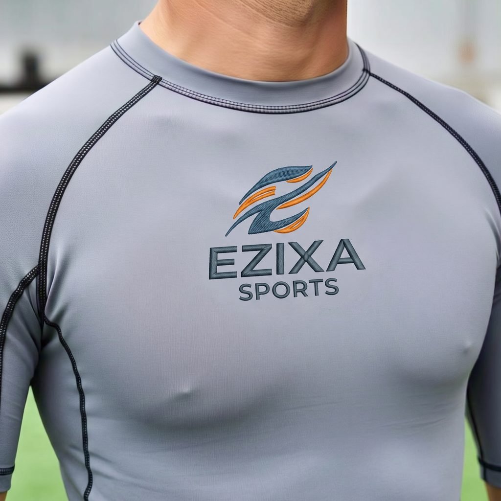 Close-up view of male athlete wearing light grey EZIXA Sports compression rash guard with flatlock stitching.