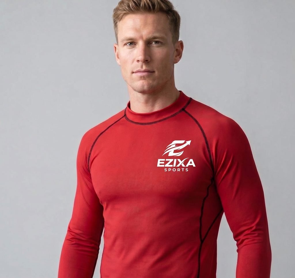Front view of athletic male model wearing bright red EZIXA Sports long sleeve compression training shirt.