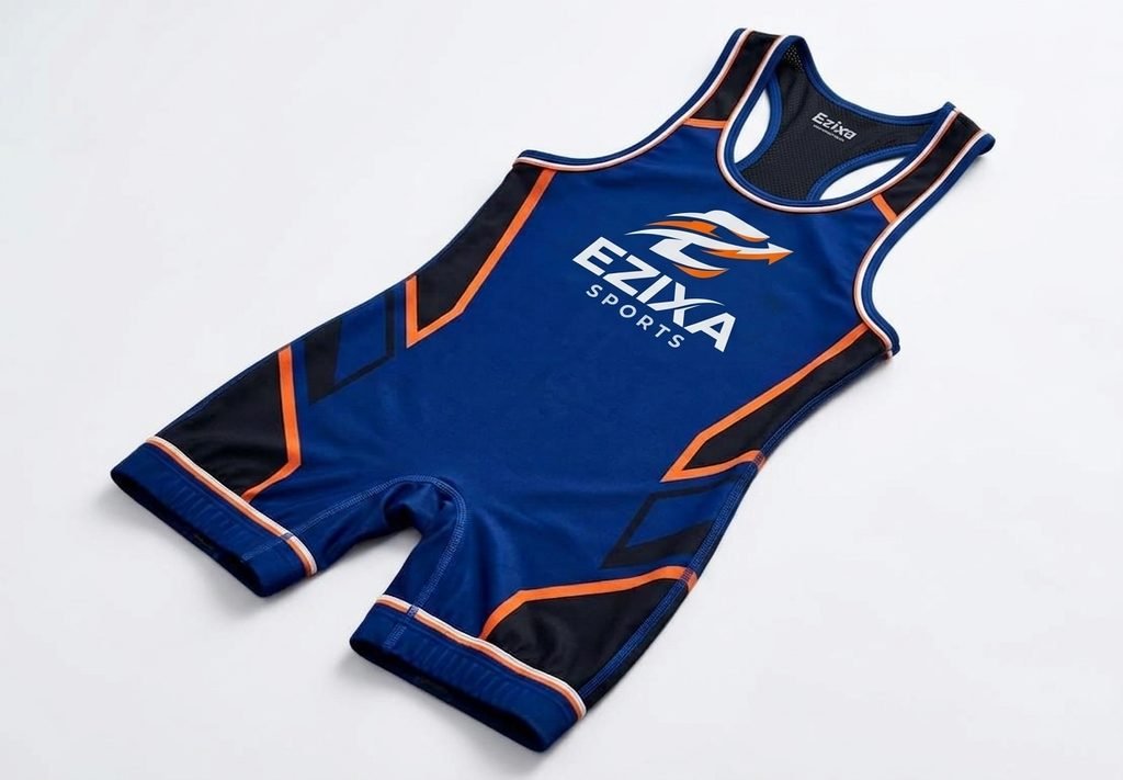 Royal blue Ezixa Sports wrestling singlet with black side panels and vibrant orange trim lines.