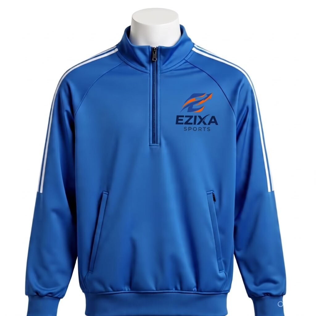 EZIXA royal blue athletic half-zip track pullover with white shoulder stripes on mannequin