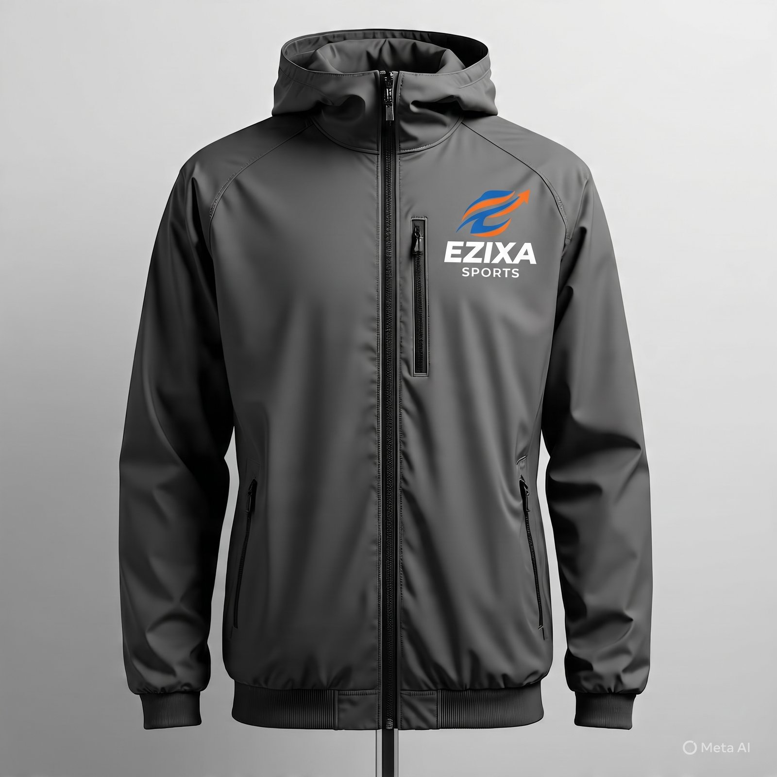 EZIXA dark charcoal water-resistant hooded sports jacket with chest pocket on mannequin