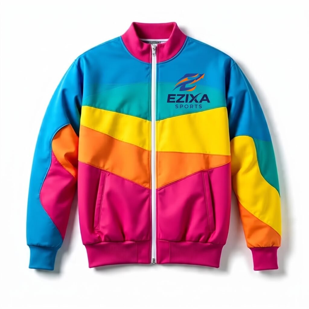 EZIXA retro 90s style track jacket featuring chevron rainbow sunset stripes and pink cuffs