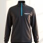 EZIXA stealth black athletic pullover featuring bright cyan contrast quarter zipper on mannequin