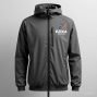 EZIXA dark charcoal water-resistant hooded sports jacket with chest pocket on mannequin