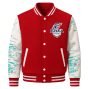EZIXA scarlet red snap-front varsity jacket featuring white and cyan glitch print sleeves